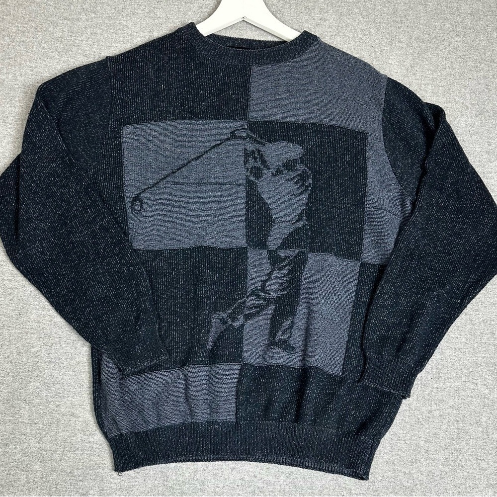 Bill Blass Sweater Mens Medium Gray Black Golf Player Knit Crewneck Pullover USA
